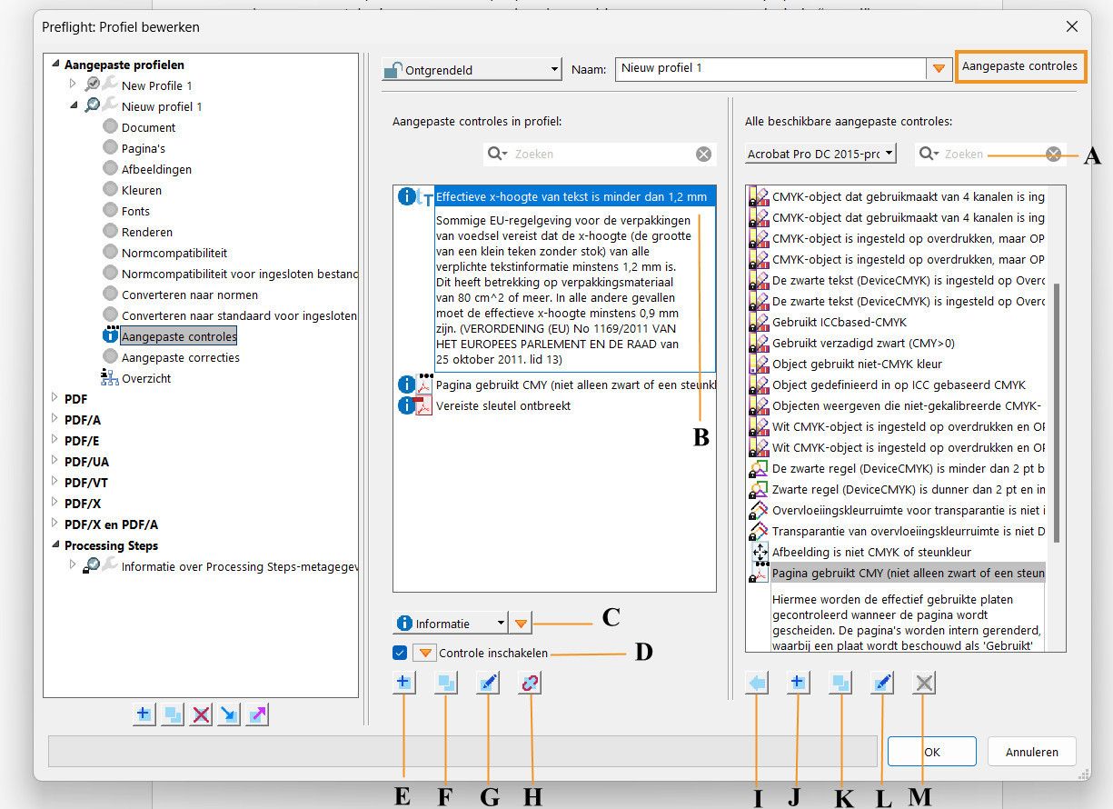 Het dialoogvenster Preflight wordt weergegeven en de kenmerken van aangepaste controles worden gemarkeerd.