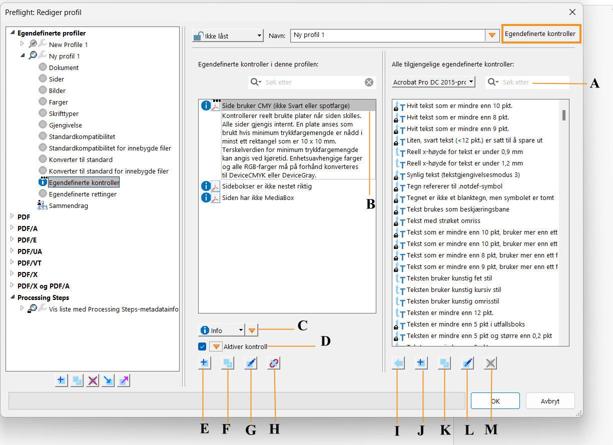 Dialogboksen Preflight vises, og funksjonene i egendefinerte kontroller utheves