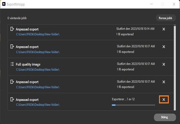 Läs om hur du avbryter export i Adobe Bridge. 