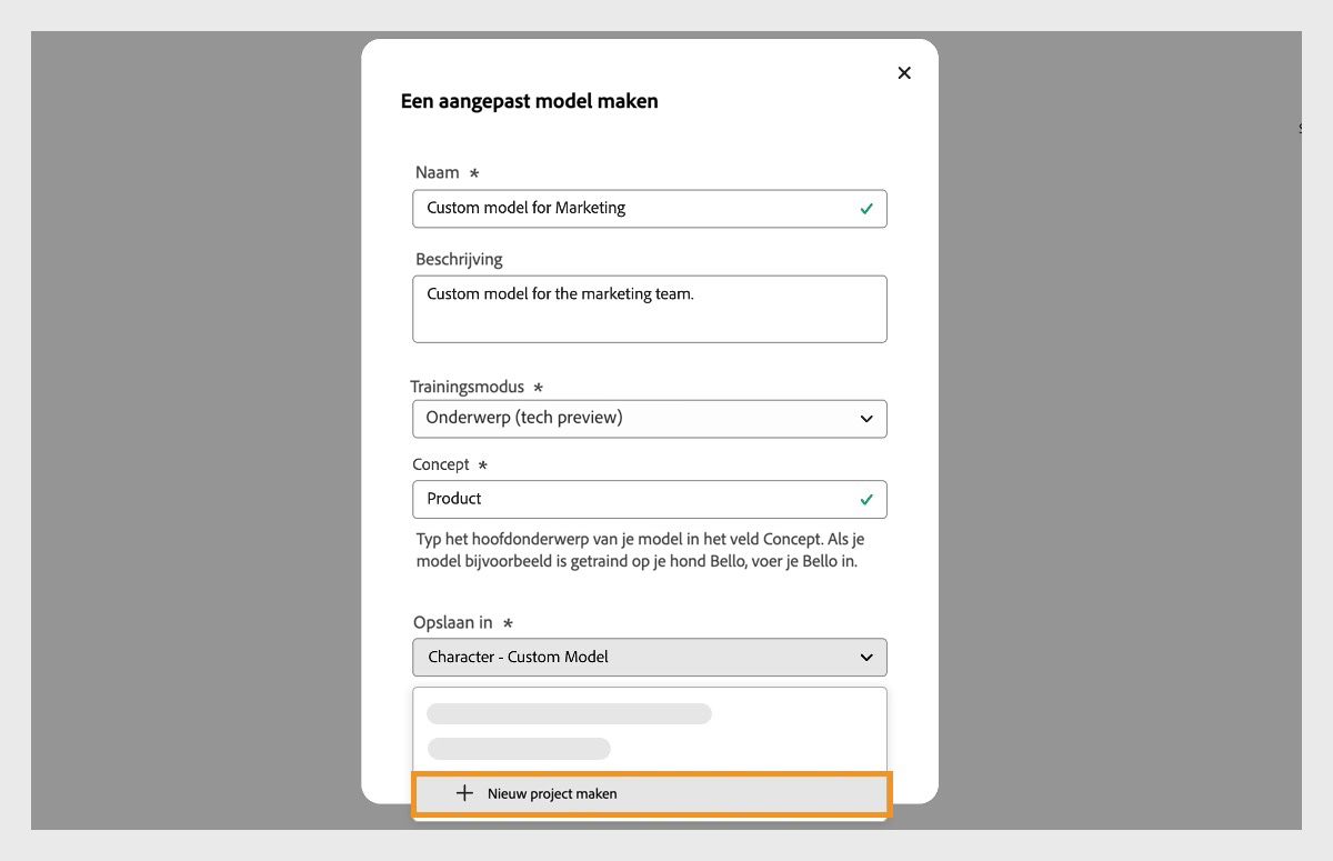 Het dialoogvenster Aangepast model maken wordt geopend en bevat een naam en een beschrijving. Het bevat ook de optie om te selecteren waar het aangepast-modelproject moet worden opgeslagen.