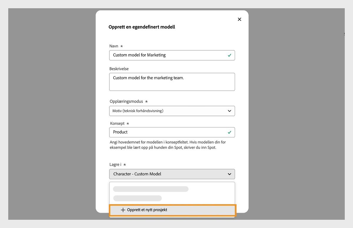 Dialogboksen Opprett egendefinert modell er åpen og har et navn og en beskrivelse. Den har også et alternativ for å velge hvor det egendefinerte modellprosjektet skal lagres.