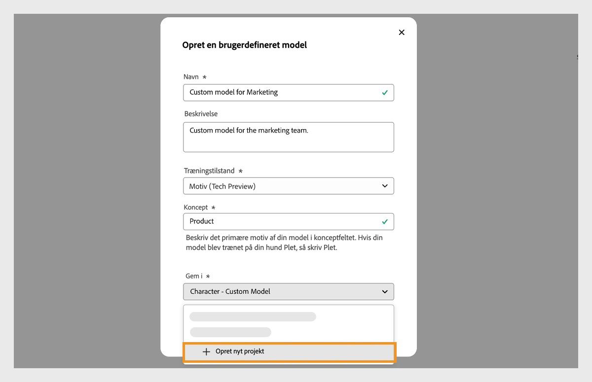 Dialogboksen Opret brugerdefineret model er åben, og den har et navn og en beskrivelse. Der er også mulighed for at vælge, hvor det brugerdefinerede modelprojekt skal gemmes.