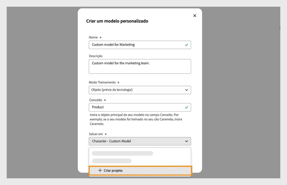 A caixa de diálogo Criar modelo personalizado é aberta e tem um nome e uma descrição. Tem também a opção de selecionar onde o projeto de modelo personalizado deverá ser salvo.