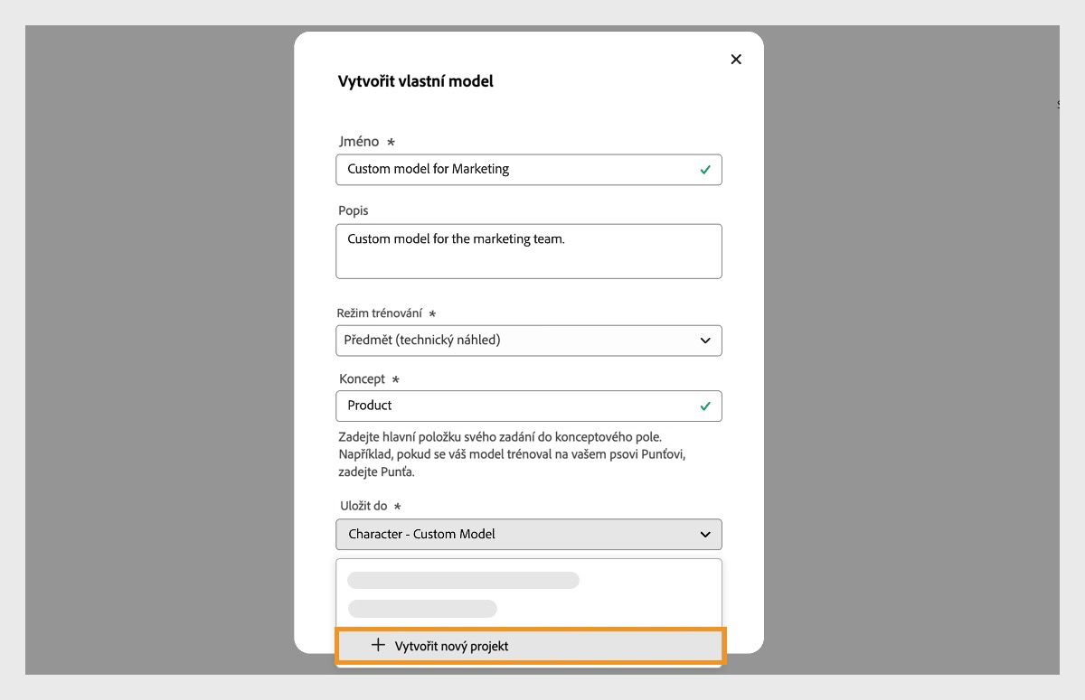 Dialogové okno Vytvořit vlastní model je otevřené a má název a popis. Má také možnost vybrat, kam se má uložit projekt vlastního modelu.