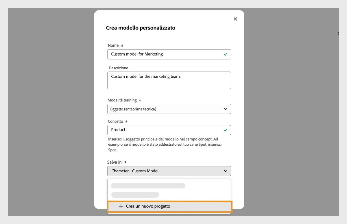 La finestra di dialogo Crea modello personalizzato è aperta e contiene un nome e una descrizione. È disponibile anche un'opzione che consente di selezionare la posizione in cui salvare il progetto con il modello personalizzato.