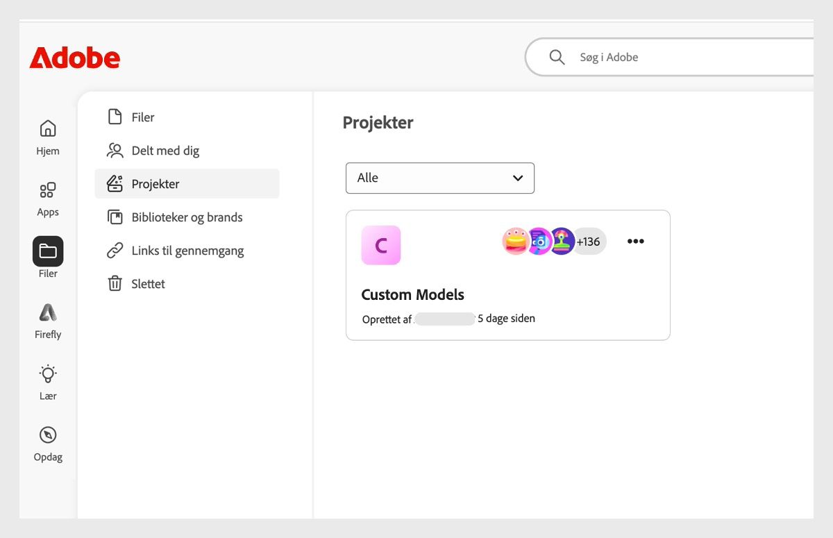 På fanen Projekter på siden Filer vises både de projekter, du har oprettet, og dem, du er inviteret til at samarbejde om. Der er også mulighed for at oprette nye projekter eller redigere eksisterende.