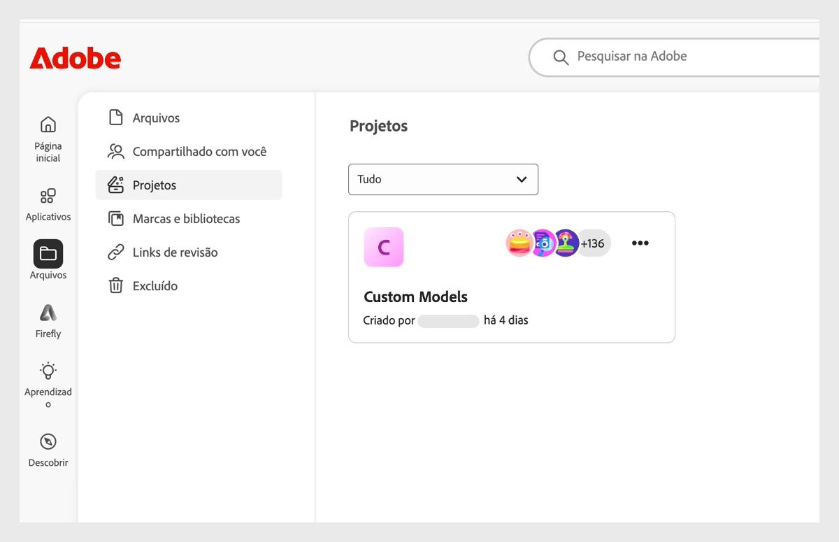 A guia Projetos na página Arquivos exibe os projetos que você criou e aqueles nos quais foi convidado a colaborar. Há também opções para criar novos projetos ou editar os existentes.