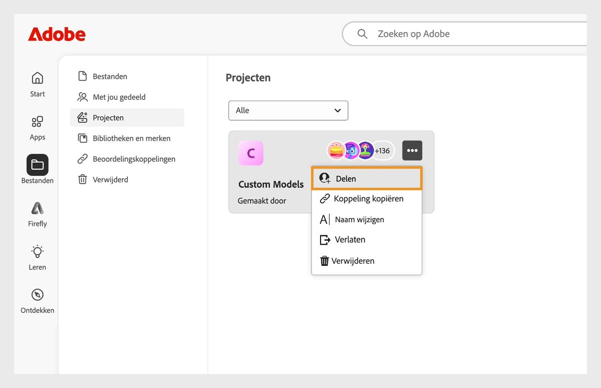 Het tabblad Bestanden is geselecteerd en het tabblad Projecten is geopend. Het menu voor aangepaste modellen wordt weergegeven waarbij de optie Delen is gemarkeerd.