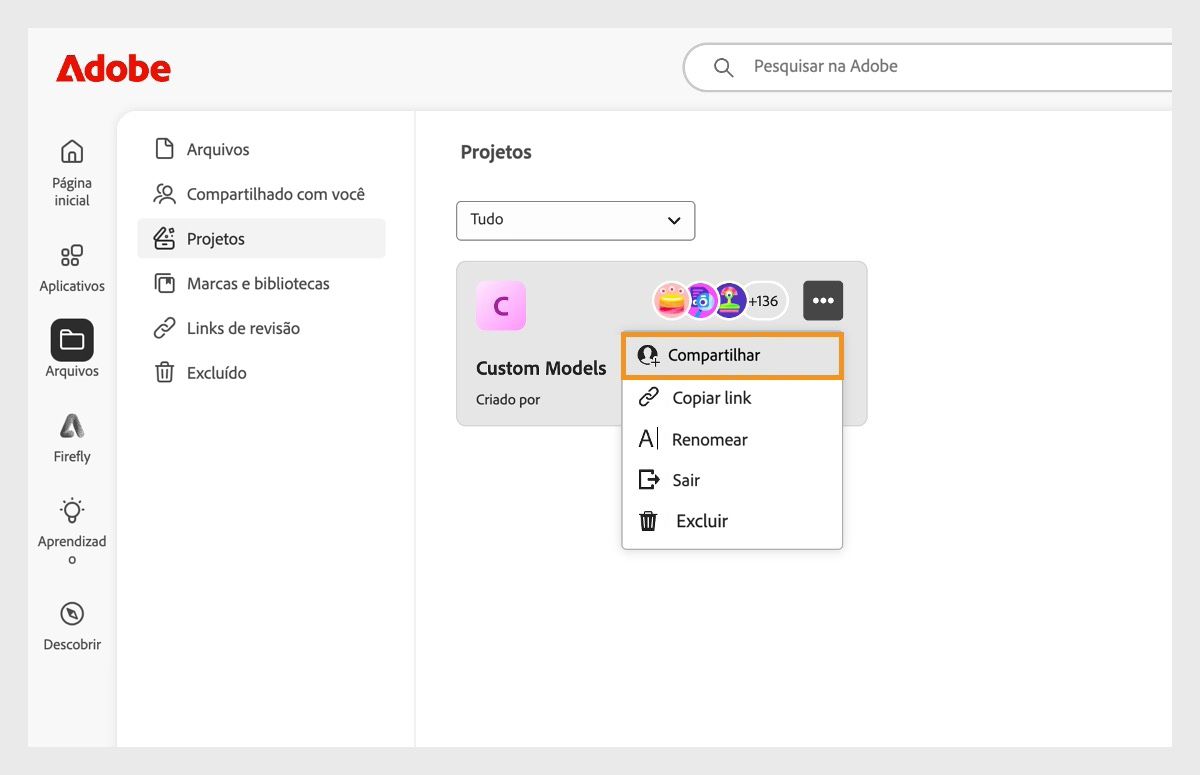 A guia Arquivos é selecionada e a guia Projetos é aberta. O menu de modelo personalizado é exibido com a opção Compartilhar realçada.