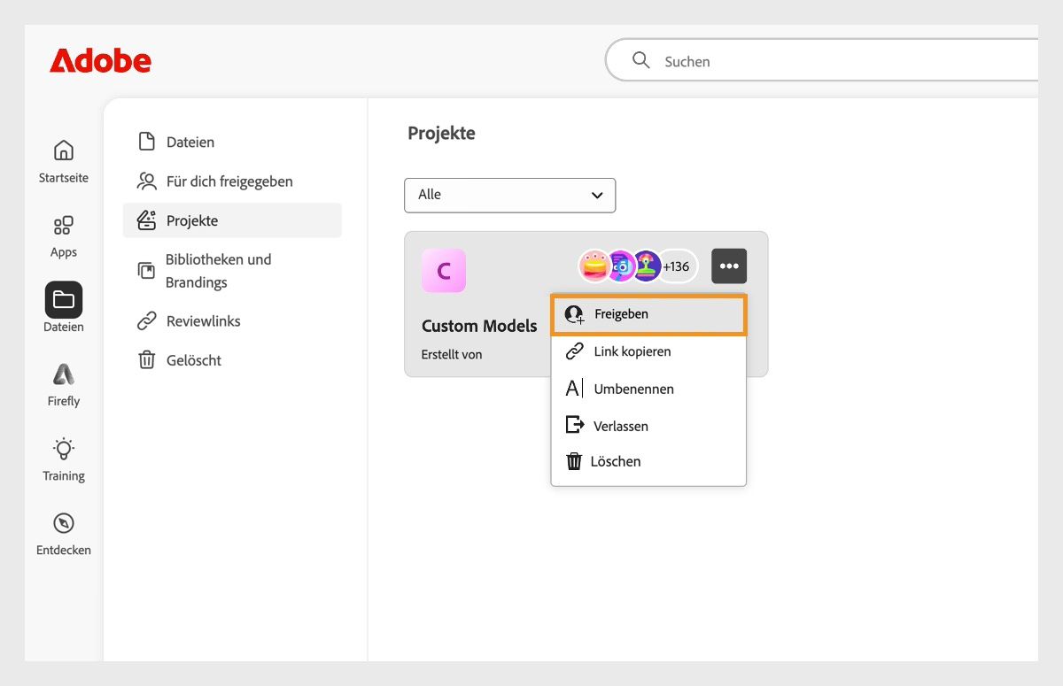 Die Registerkarte „Dateien“ ist ausgewählt und die Registerkarte „Projekte“ ist geöffnet. Das Menü des selbstdefinierten Modells wird angezeigt und die Option „Freigeben“ ist hervorgehoben.