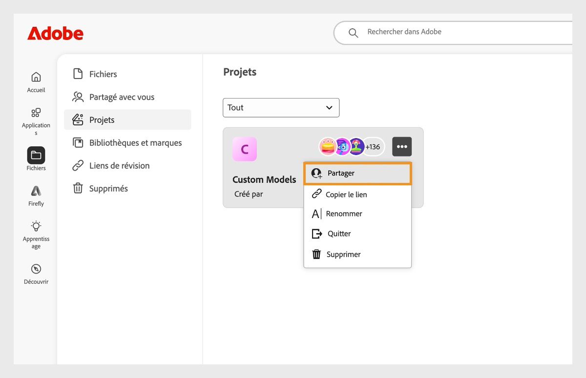 L’onglet Fichiers est sélectionné et l’onglet Projets est ouvert. Le menu du modèle personnalisé est affiché avec l’option Partager mise en évidence.