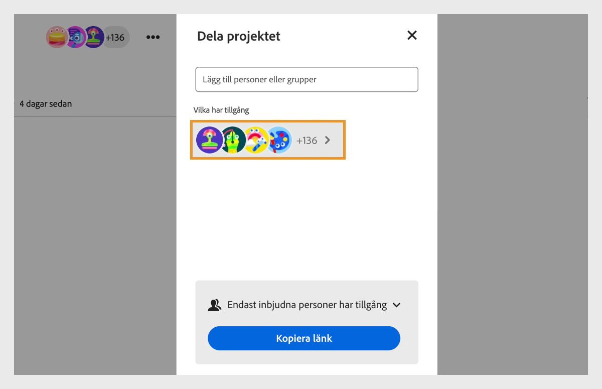 Dialogrutan Dela projekt är öppen och innehåller alternativ för att lägga till nya personer till projektet och visa det aktuella antalet deltagare.