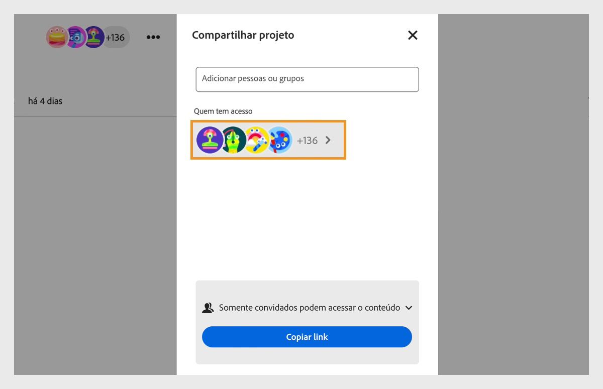 A caixa de diálogo Compartilhar projeto é aberta, oferecendo opções para adicionar novas pessoas ao projeto e visualizar o número atual de participantes.