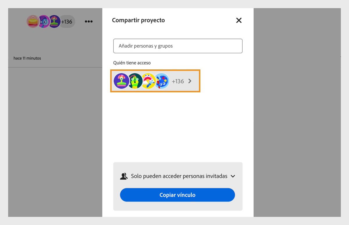 El cuadro de diálogo Compartir proyecto está abierto y ofrece diferentes opciones para añadir nuevas personas al proyecto y ver el número actual de participantes.