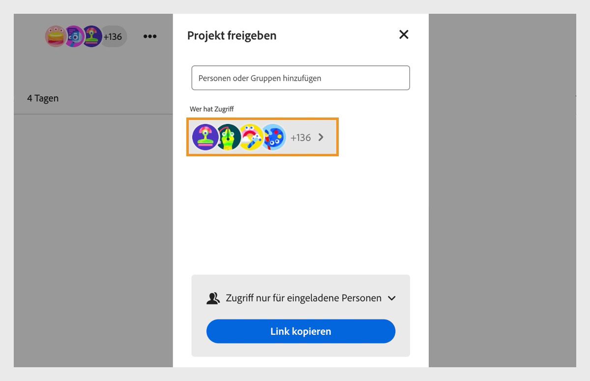 Das Dialogfeld „Projekt freigeben“ ist geöffnet und bietet Optionen, um neue Personen zum Projekt hinzuzufügen und die aktuelle Anzahl der Teilnehmenden anzuzeigen.