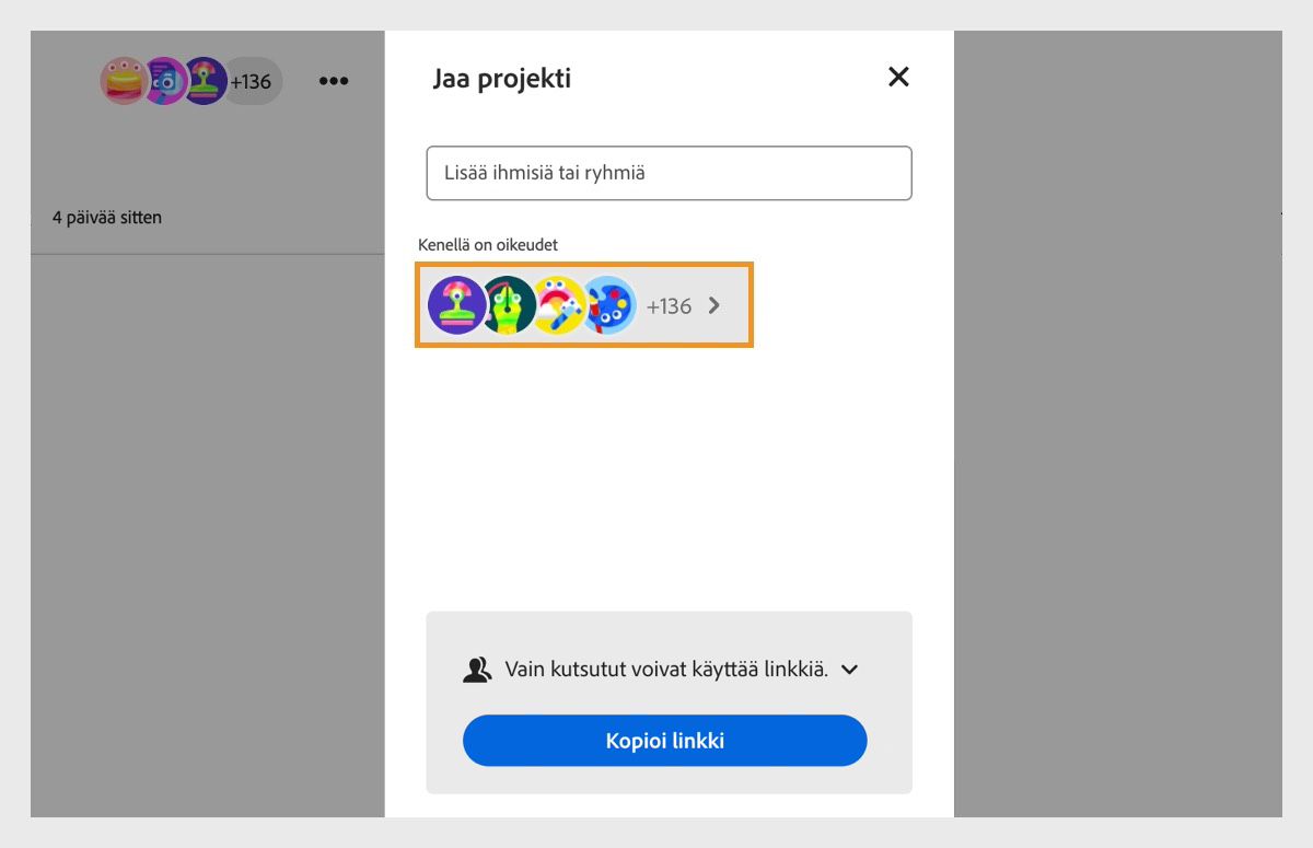 Jaa projekti -valintaikkuna on auki, ja näkyvillä on vaihtoehdot, joilla projektiin voi lisätä uusia henkilöitä ja projektin nykyisen osallistujamäärän voi tarkistaa.