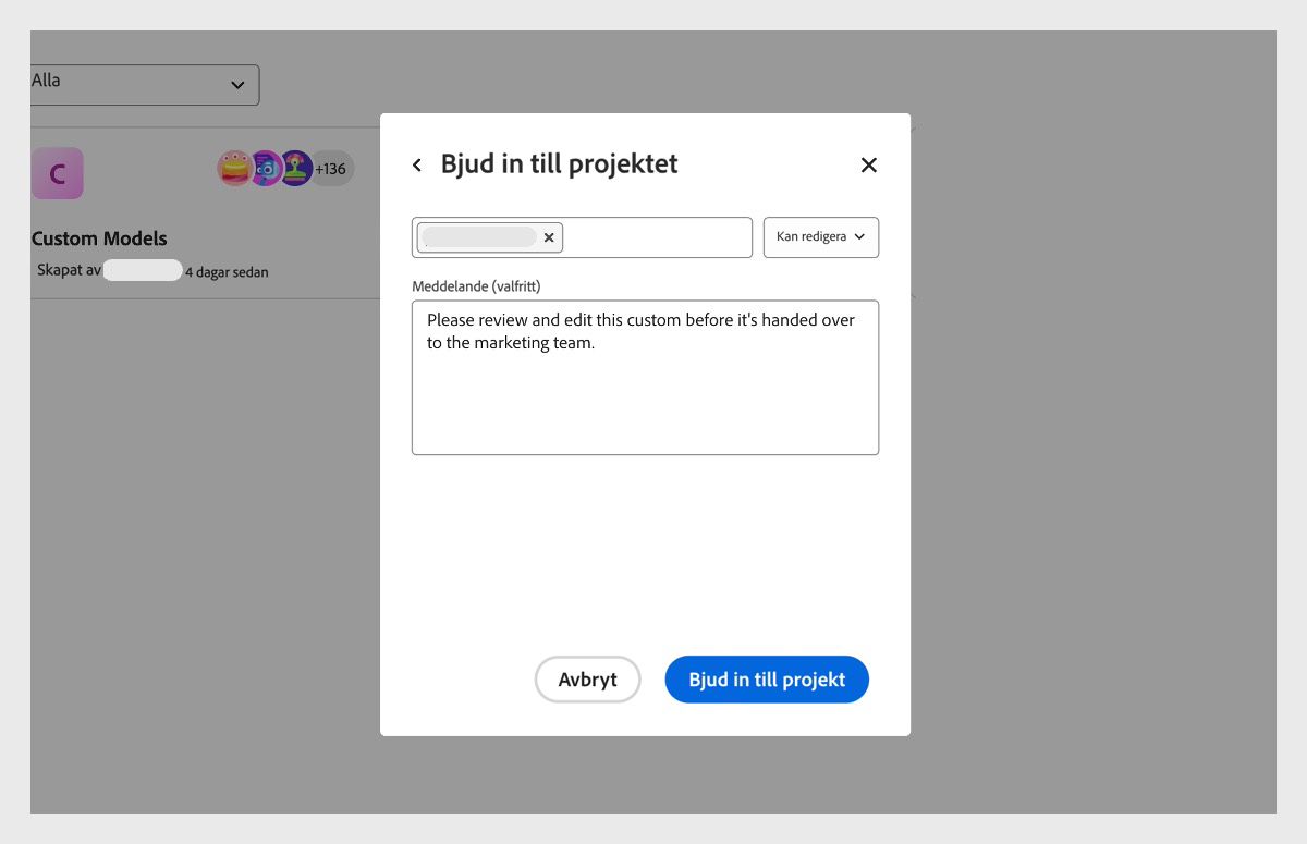 Dialogrutan Bjud in personer till projekt är öppen och innehåller alternativ för att lägga till en ny medarbetare, ange deras åtkomstnivå och inkludera ett meddelande.