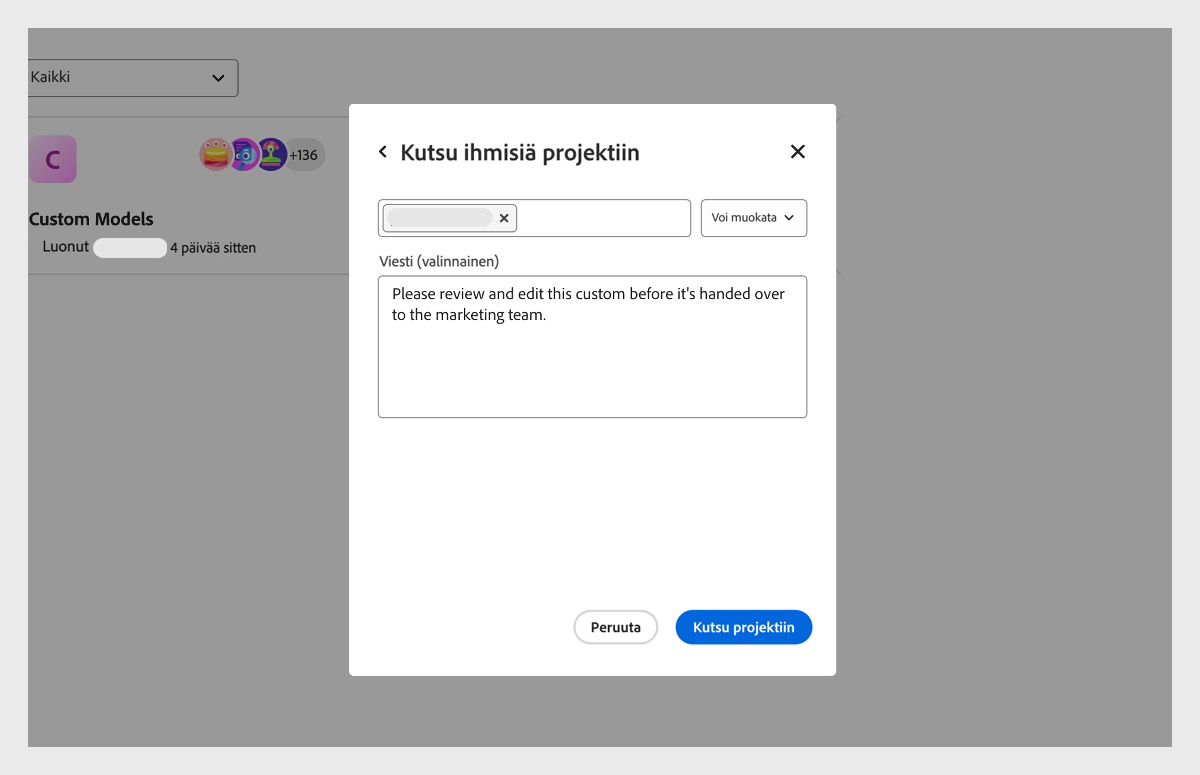 Kutsu ihmisiä projektiin -valintaikkuna on auki, ja näkyvillä on vaihtoehdot, joilla projektiin voi lisätä uuden yhteistyöhenkilön ja määrittää tämän käyttöoikeudet. Kutsuun voi myös lisätä viestin.