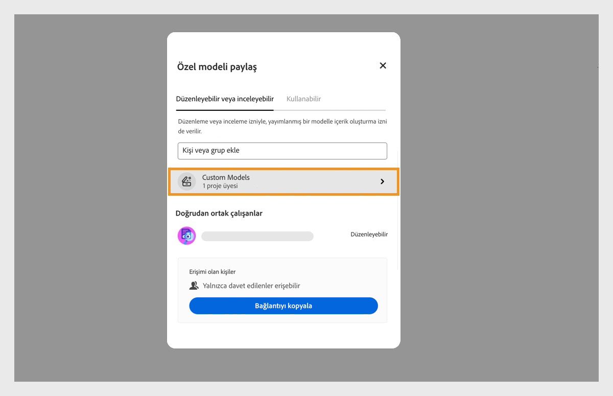 Yeni kişiler ekleme ve paylaşmak için bağlantıyı özel modele kopyalama gibi çeşitli seçenekler sunan Özel modeli paylaş iletişim kutusu açık.