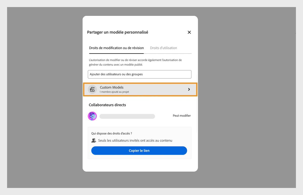 La boîte de dialogue Partager un modèle personnalisé est ouverte. Elle propose plusieurs options, telles que l’ajout de nouvelles personnes et la copie du lien vers le modèle personnalisé à des fins de partage.