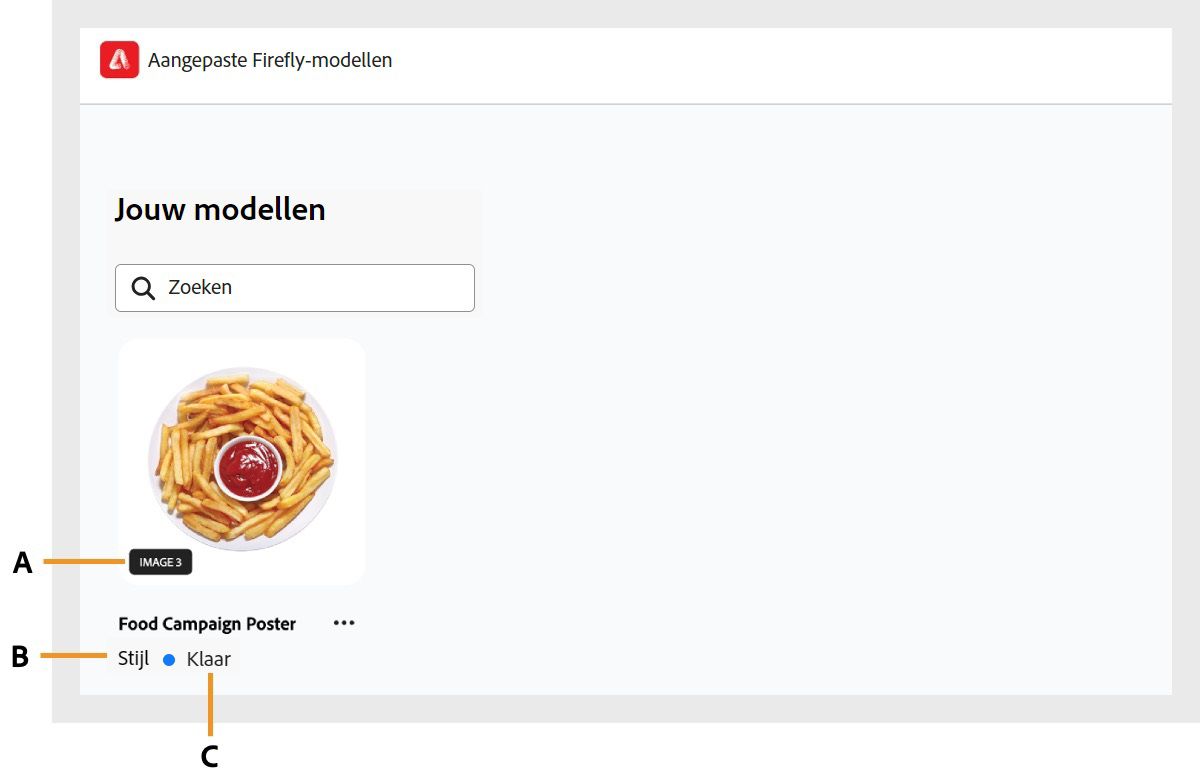 De pagina Jouw modellen bevat een volledig overzicht van alle aangepaste modellen die je hebt gemaakt of beschikbaar hebt gesteld voor je Firefly-account.