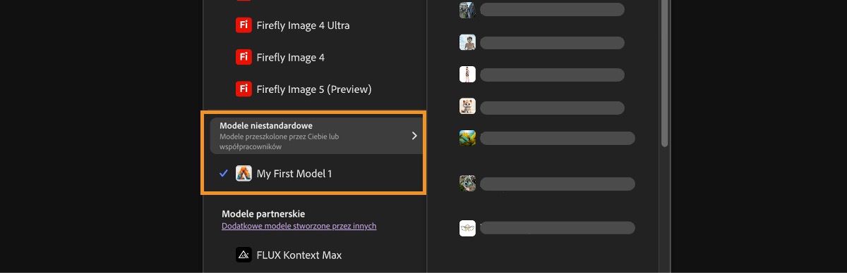 Otwarte jest rozwijane menu Model obrazu umożliwiające wybór między modelami Firefly i innymi niż Firefly oraz ustawienie proporcji dla generowanych obrazów.