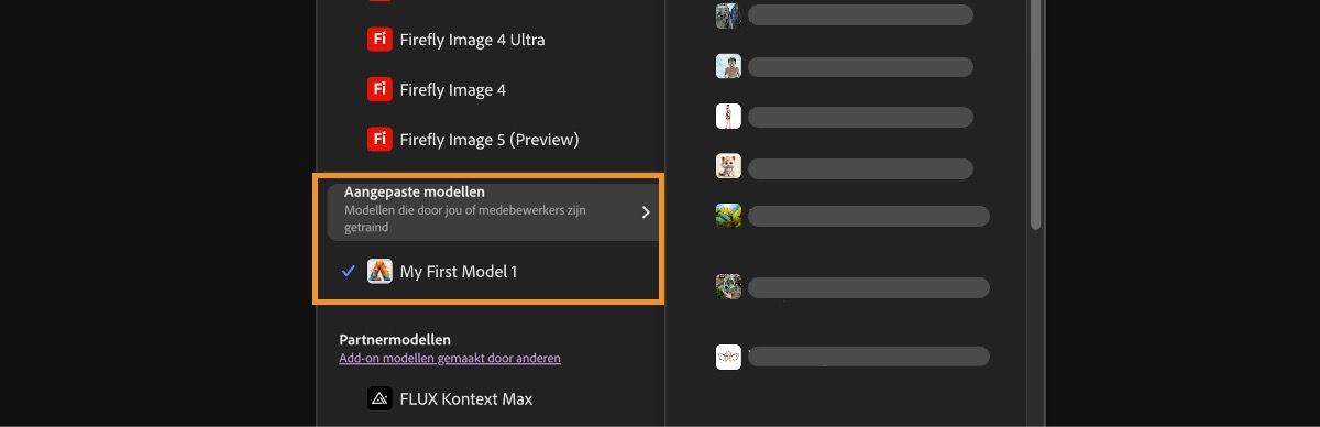 Het vervolgkeuzemenu Image Model staat open, waarin je kunt kiezen tussen Firefly- en niet-Firefly-modellen en de beeldverhouding voor gegenereerde afbeeldingen kunt instellen.