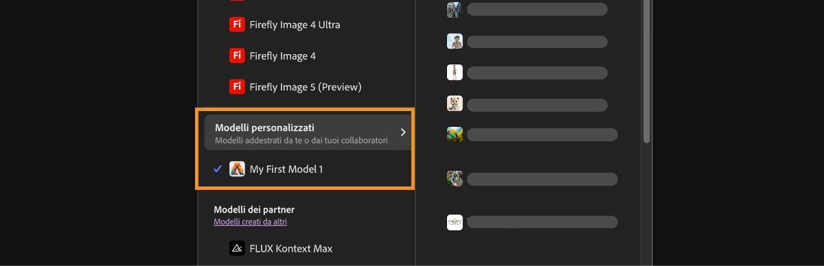 Il menu a discesa Image Model è aperto ed è possibile selezionare modelli Firefly e non Firefly, nonché l'impostazione delle proporzioni per le immagini generate.