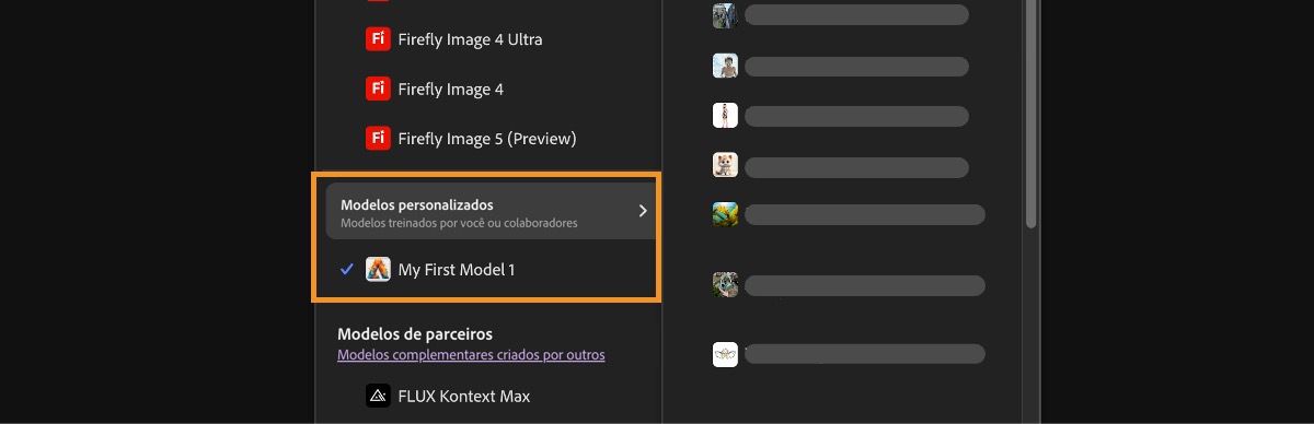 O menu suspenso de Modelos de imagem está aberto, permitindo a seleção entre modelos Firefly e não Firefly e a definição da proporção das imagens geradas.