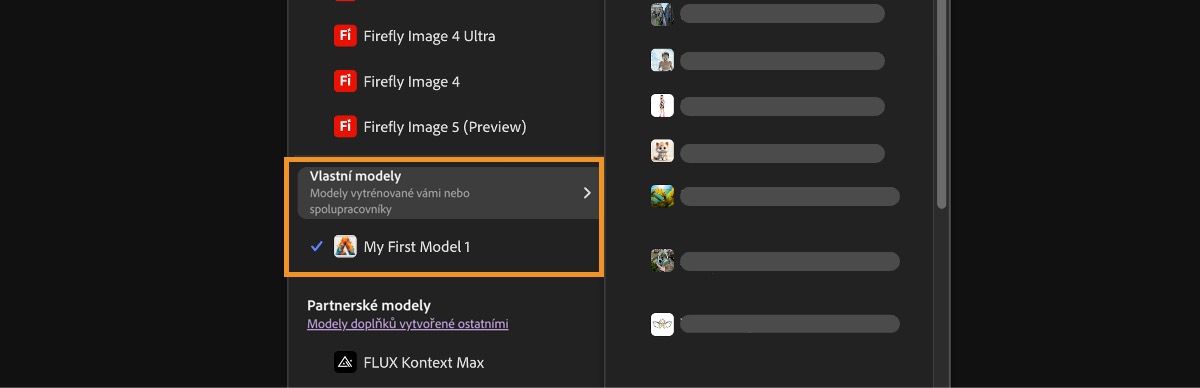 Otevře se rozbalovací nabídka Model obrázku, která umožňuje výběr mezi modely Firefly a Non-Firefly a nastavení poměru stran generovaných obrázků.