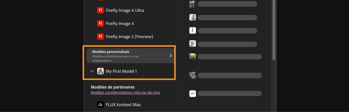 Le menu déroulant des modèles d’image est ouvert, permettant de sélectionner les modèles Firefly et non Firefly, et de définir le rapport L/H des images générées.