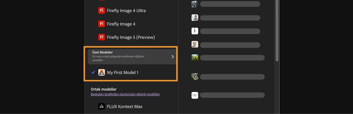 Image Model açılır menüsü açılır ve Firefly ile Firefly harici modeller arasında seçim yapmanıza ve oluşturulan görüntülerin en-boy oranını ayarlamanıza olanak tanır.