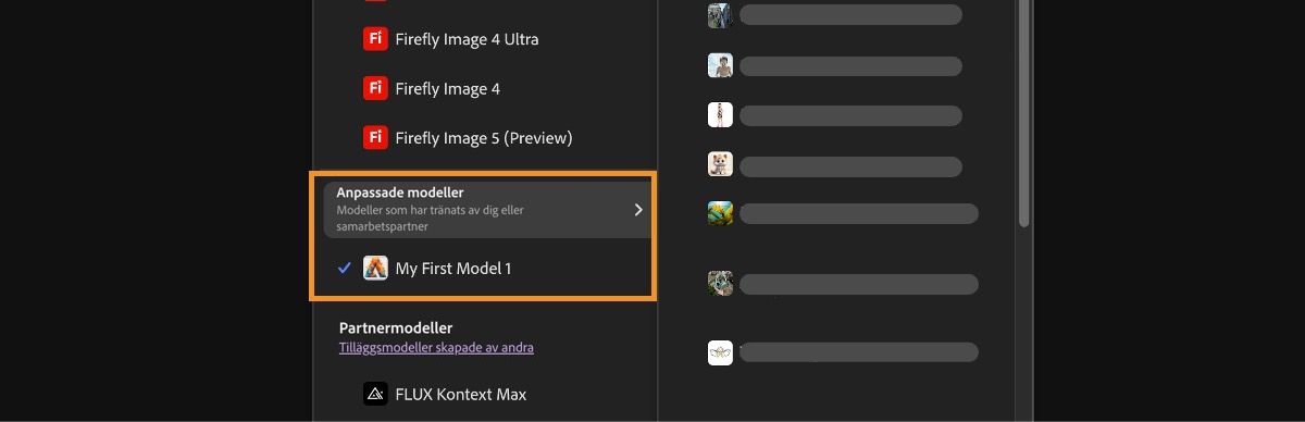 Listrutan Bildmodell är öppen och du kan välja mellan Firefly- och icke-Firefly-modeller samt ställa in bildförhållande för genererade bilder.