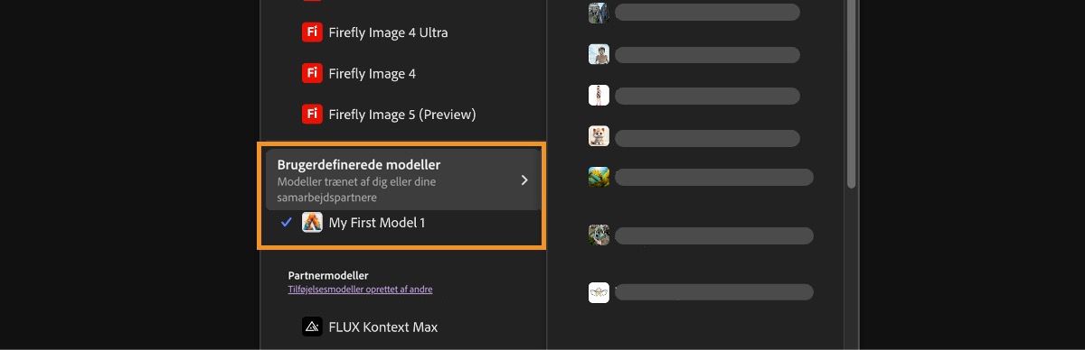 Rullemenuen Image Model åbnes, hvilket giver mulighed for at vælge mellem Firefly- og ikke-Firefly-modeller og angive formatforholdet for genererede billeder.
