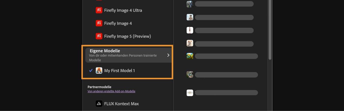 Das Dropdown-Menü „Bild-Modell“ ist geöffnet und ermöglicht die Wahl zwischen Firefly- und nicht-Firefly-Modellen sowie die Einstellung des Seitenverhältnisses für generierte Bilder.