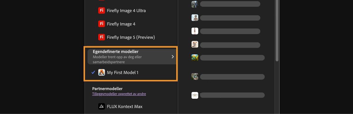 Bildemodell-rullegardinmenyen er åpen, slik at du kan velge mellom Firefly- og ikke-Firefly-modeller og angi proporsjonene til de genererte bildene.
