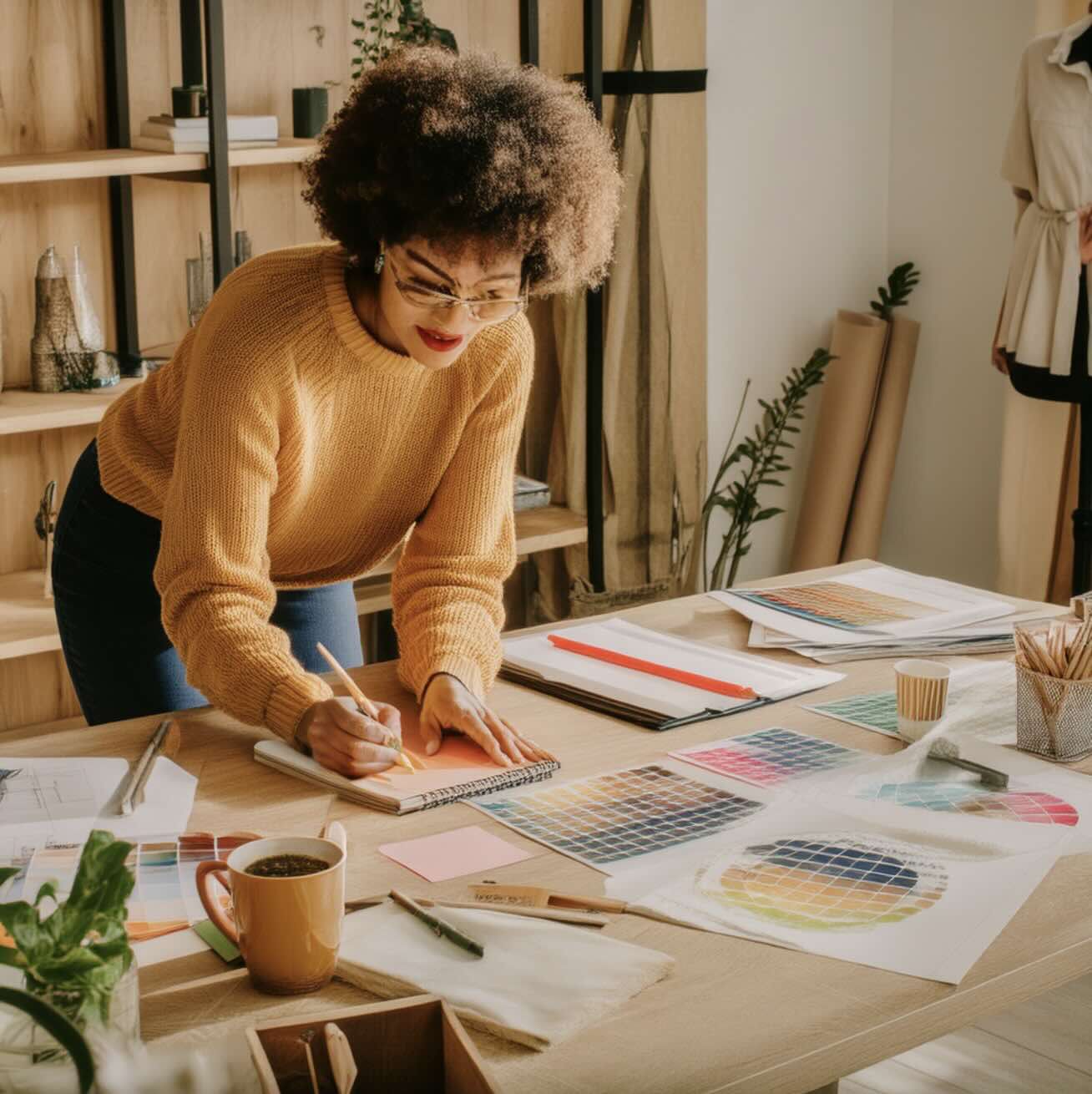 Image générée à l’aide de modèles personnalisés entraînés sur le modèle Firefly Image Model 3.Elle représente une femme qui dessine des esquisses sur un bureau entouré d’échantillons de couleur, de mood boards et d’un porte-vêtements, illustrant un espace de travail créatif dans le domaine de la mode ou du design d’intérieur.