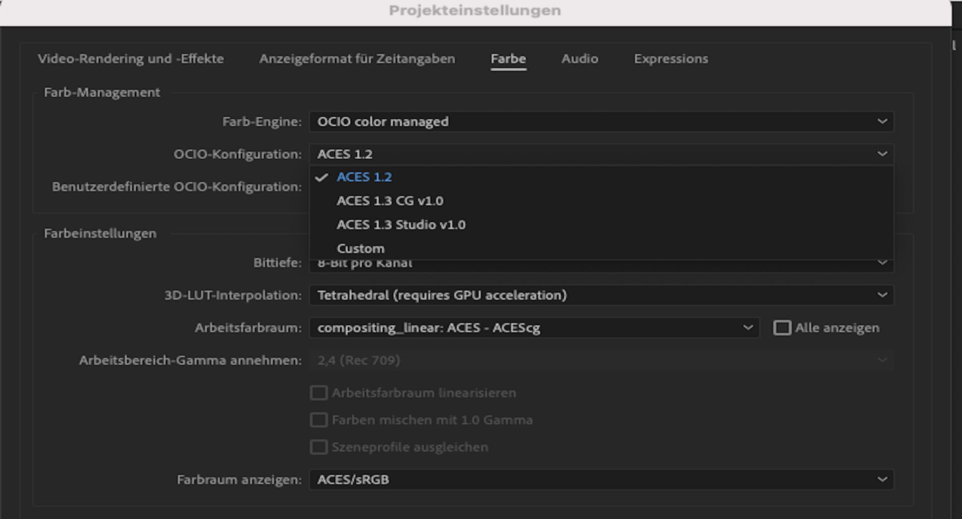 Benutzerdefinierte OCIO-Konfiguration zum Hinzufügen einer benutzerdefinierten Konfiguration