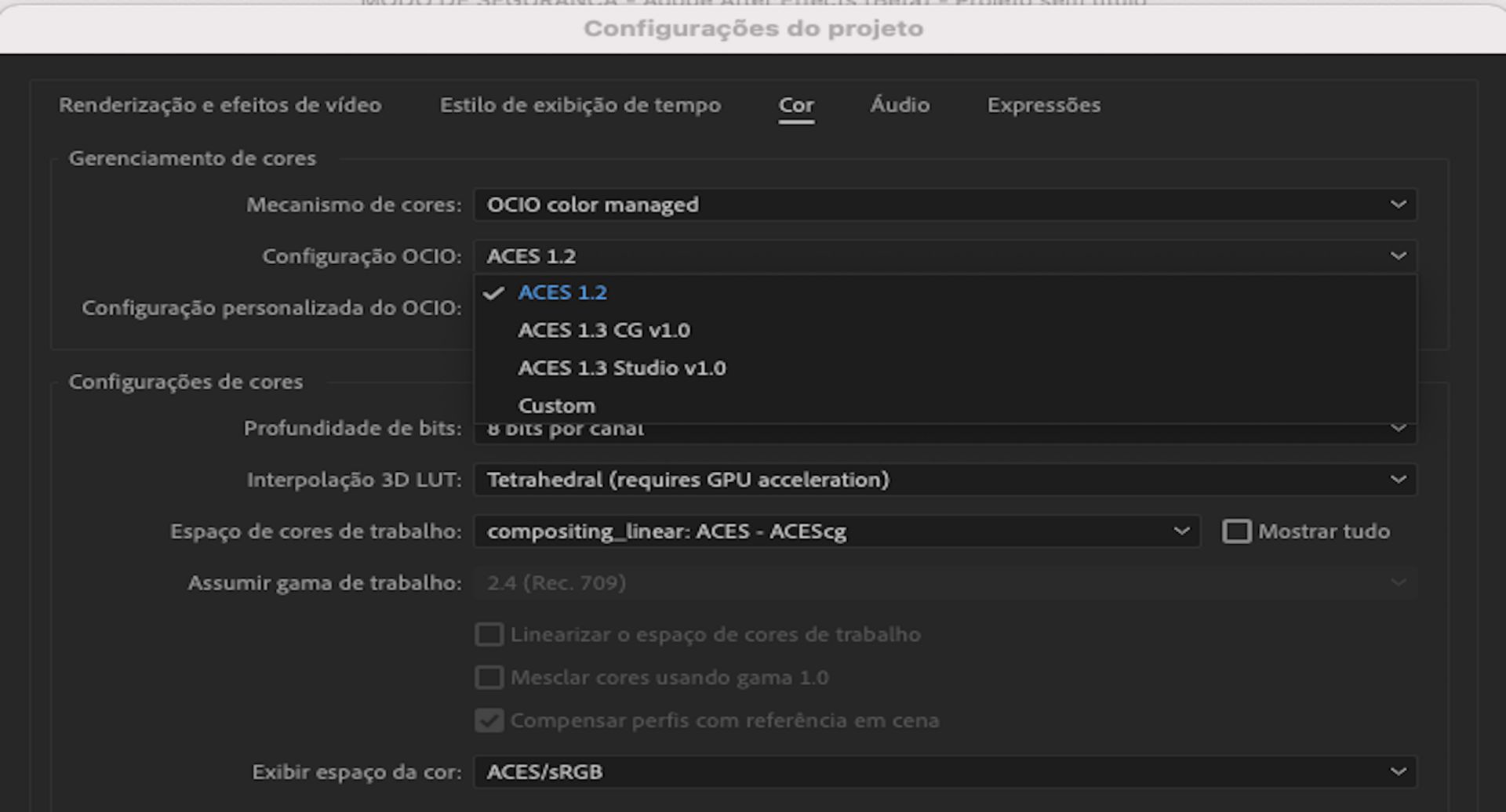 Configuração personalizada OCIO para adicionar uma configuração personalizada
