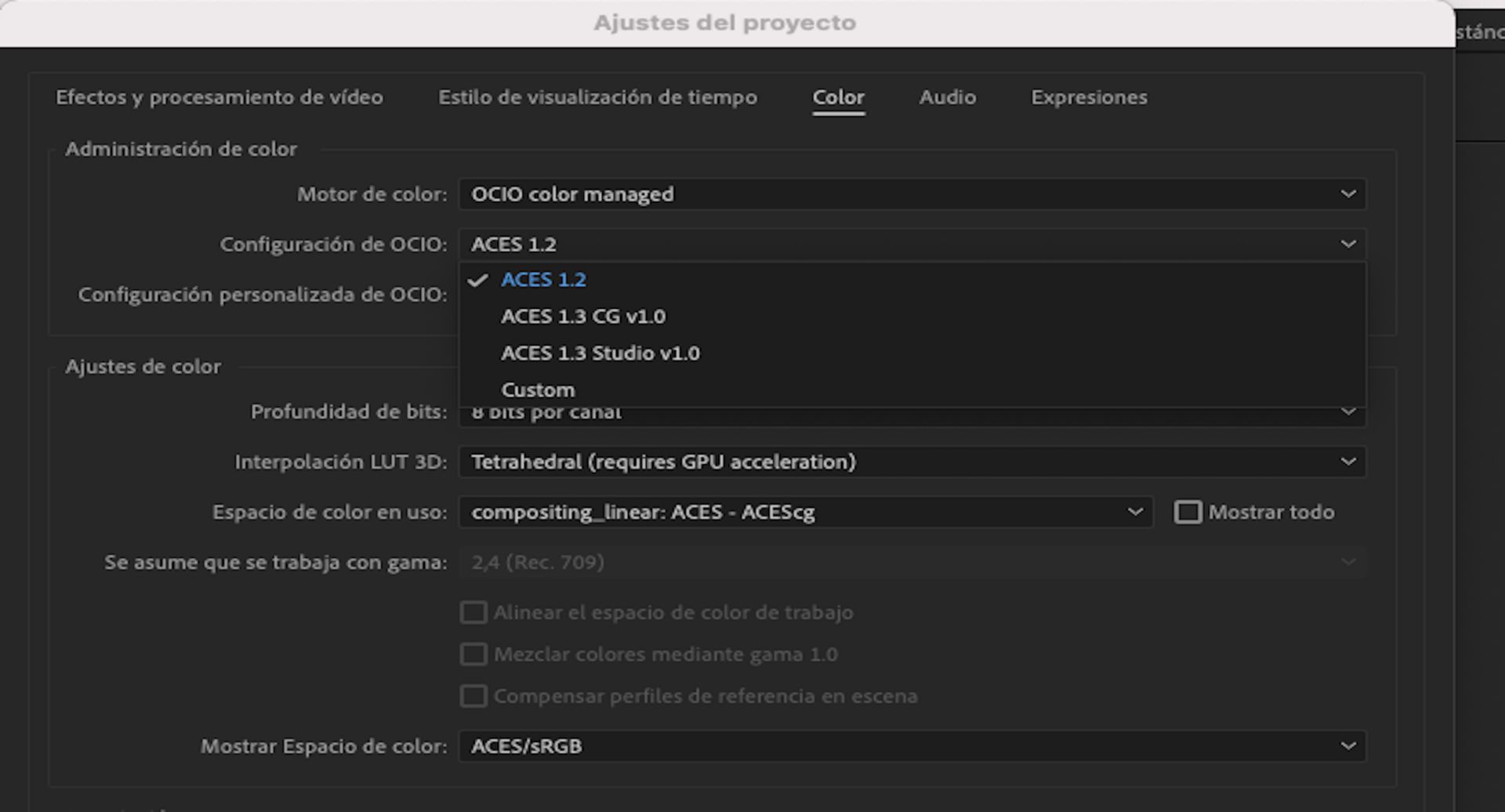 Configuración de OCIO personalizada para agregar una configuración personalizada