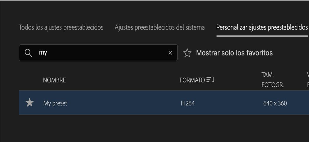 Ajuste preestablecido guardado en la sección Ajustes preestablecidos personalizados del Gestor de ajustes preestablecidos