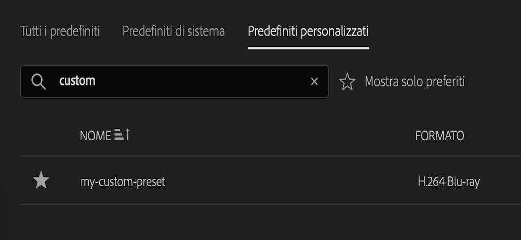 Predefiniti salvati nella sezione Predefiniti personalizzati di Gestione predefiniti
