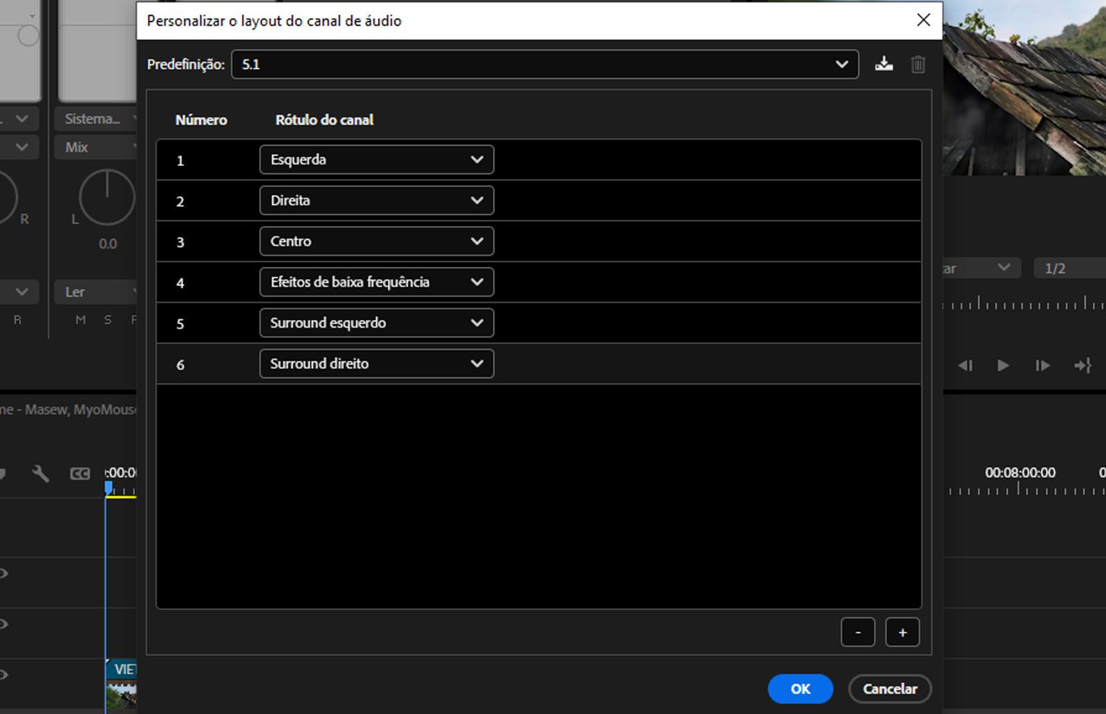 A caixa de diálogo “Layout do canal de áudio personalizado” aberta, exibindo vários canais.