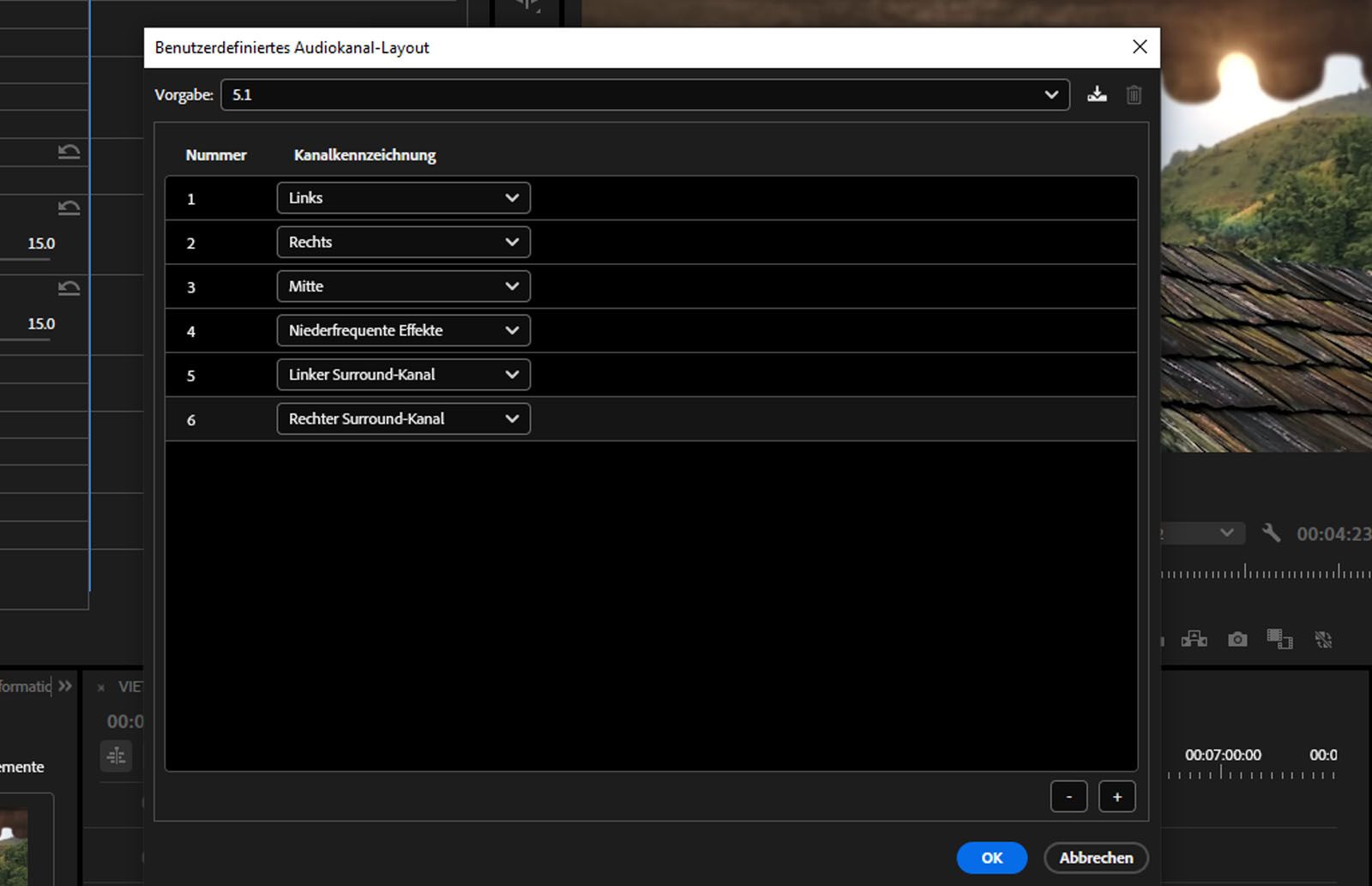 Das Dialogfeld „Benutzerdefiniertes Audiokanal-Layout“ ist mit verschiedenen Kanälen geöffnet.