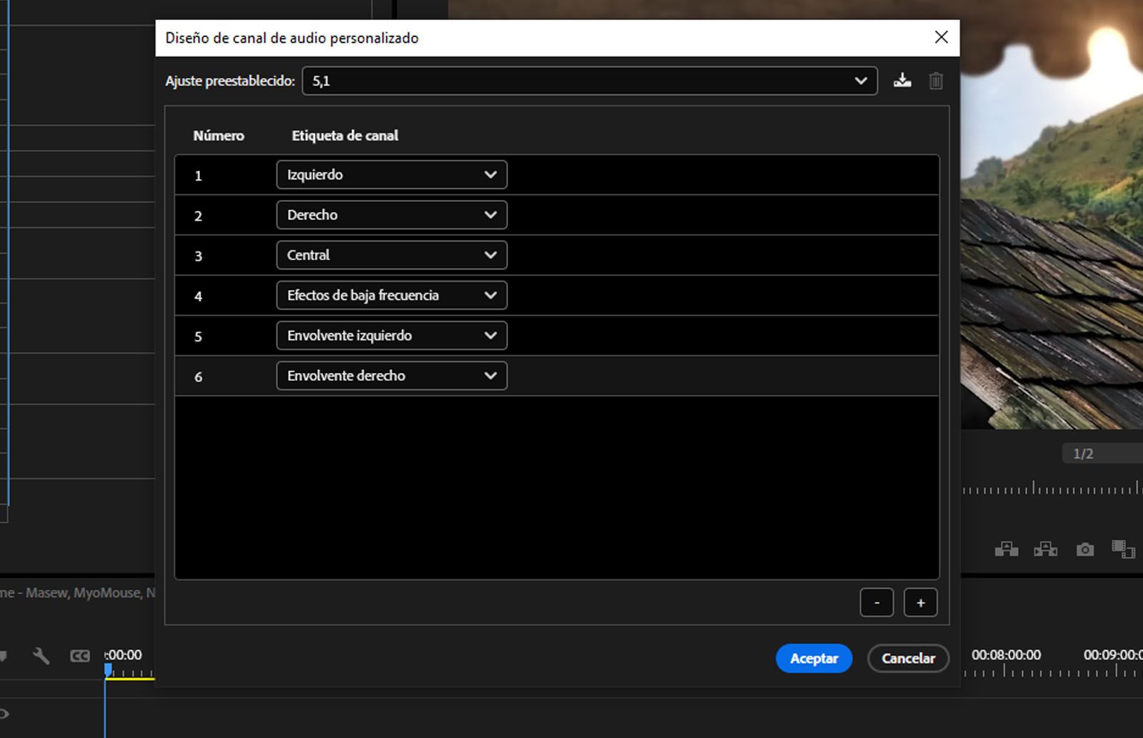 Se abre el diálogo Diseño de canal de audio personalizado, que muestra varios canales.