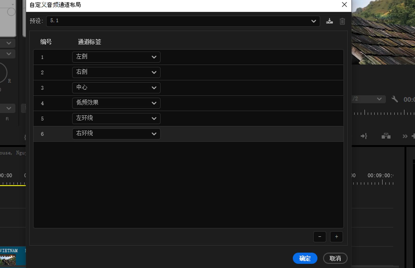 “自定义音频声道布局”对话框已打开，显示各种声道。