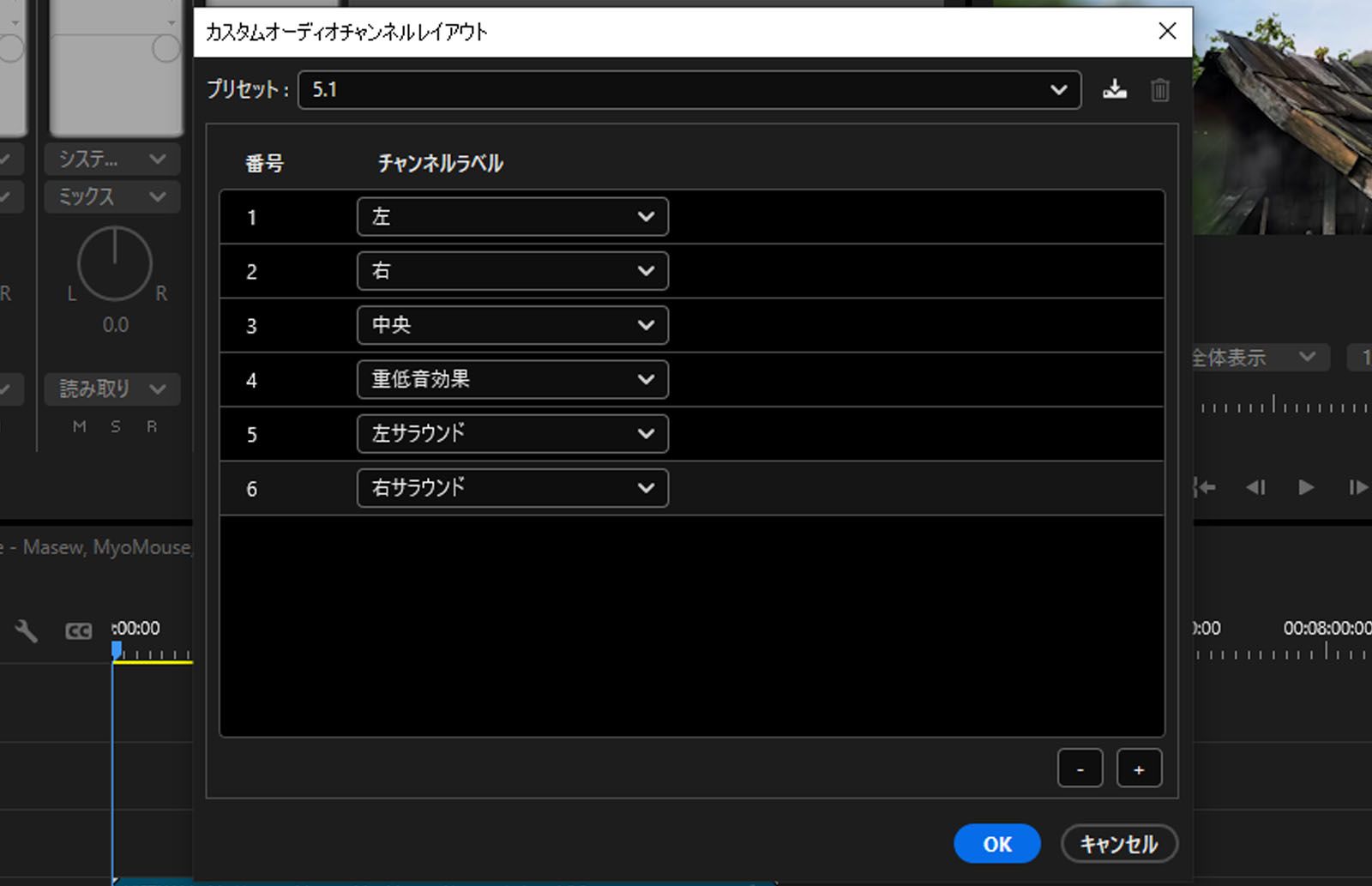 カスタムオーディオチャネルレイアウトダイアログが開き、様々なチャネルが表示されます。