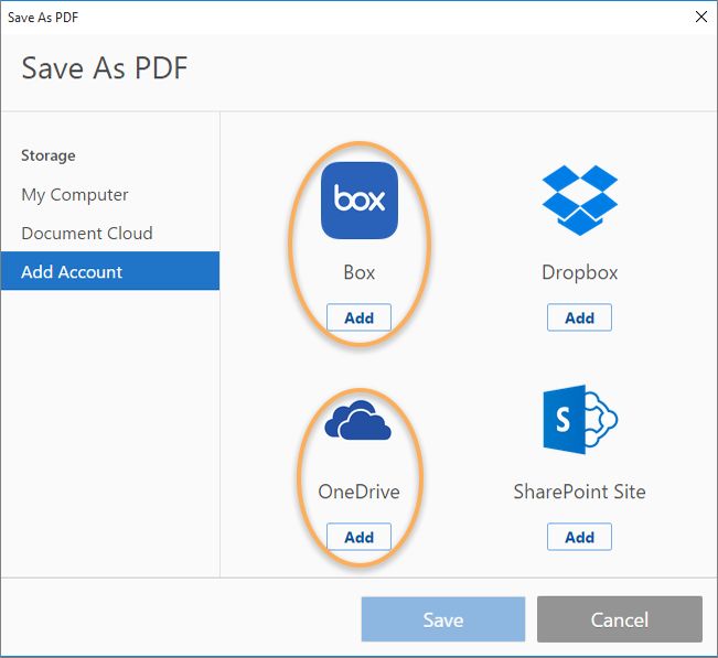 自定义“打开/保存”对话框中的 Box 和 OneDrive 连接器