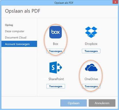 Box- en OneDrive-connectoren in het aangepaste dialoogvenster Openen/Opslaan