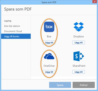 Box- och OneDrive-anslutningar i en Öppna/Spara-dialogruta